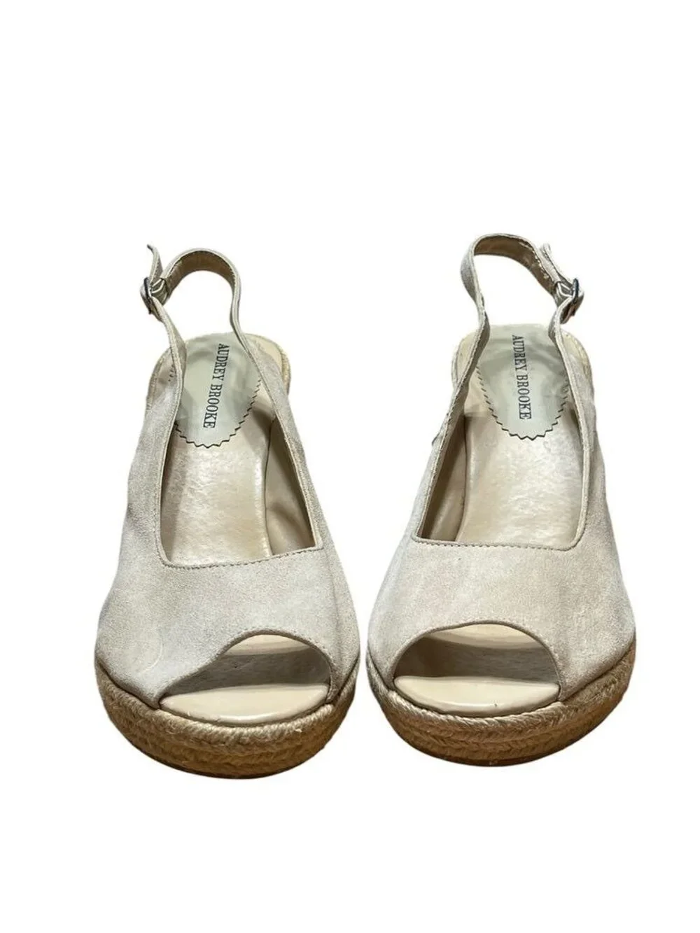 Audrey Brooke Beige Open-Toe Wedge Espadrilles Suede Leather 8.5 B
